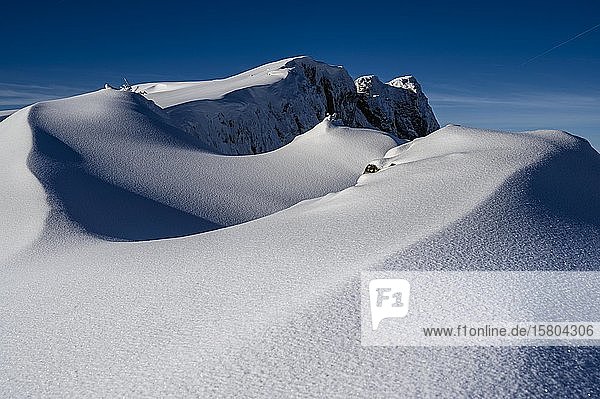Gipfel des Torecks mit Schneewächten und blauem Himmel  Ritzlern  Kleinwalsertal  Vorarlberg  Österreich  Europa