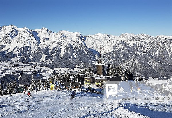 Ski area Planai with view to the mountain station and the Dachstein massif  Schladming  Styria  Austria  Europe