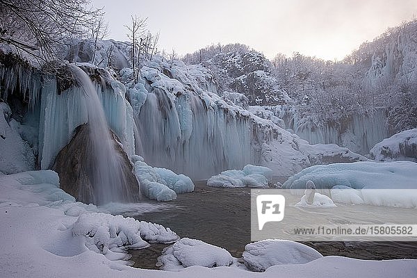 Vereister Wasserfall Winterlandschaft Plitvice Kroatien Europa