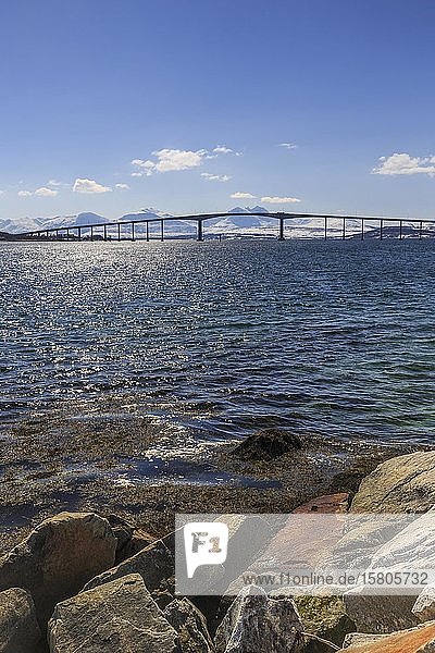 Sandnessund bridge over the Sandnessund in backlight mountain landscape Tromsø Troms Norway Europe