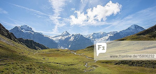 River meanders  behind snow-covered Schreckhorn  Wetterhorn and Eiger  Grindelwald  Bern  Switzerland  Europe