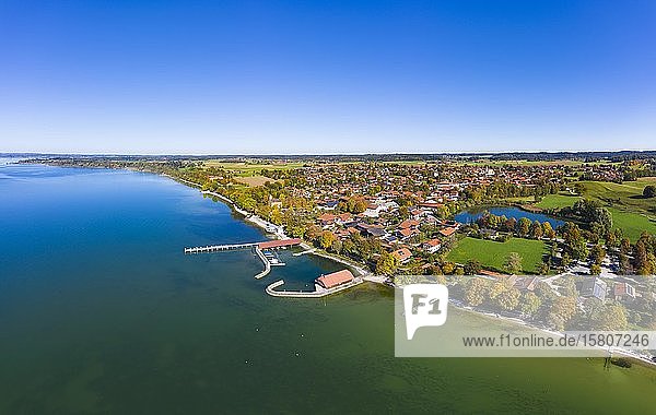 Pier and harbour in Chieming  Chiemsee  Chiemgau  Alpine foreland  aerial view  Upper Bavaria  Bavaria  Germany  Europe