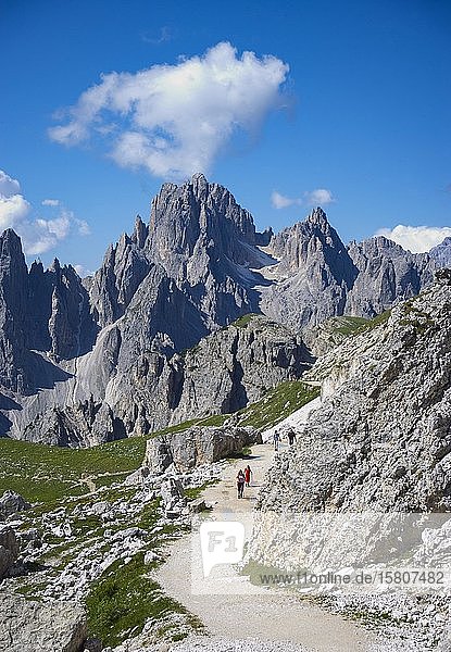 Mountain hiker  Cadini mountain group in the Sesto Dolomites  Province of Belluno  Italy  Europe