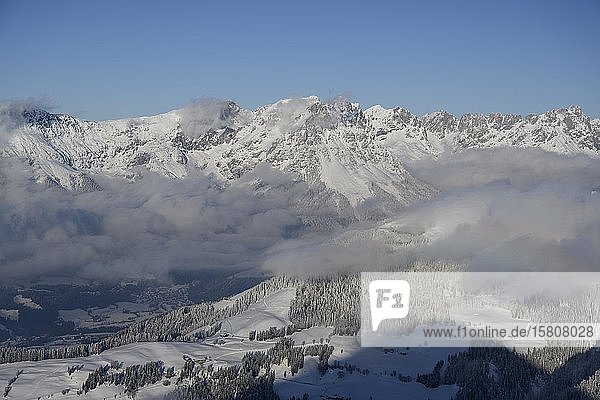View from the summit of the Hohe Salve to the snowy Wilder Kaiser  Kitzbühel Alps  Tyrol  Austria  Europe