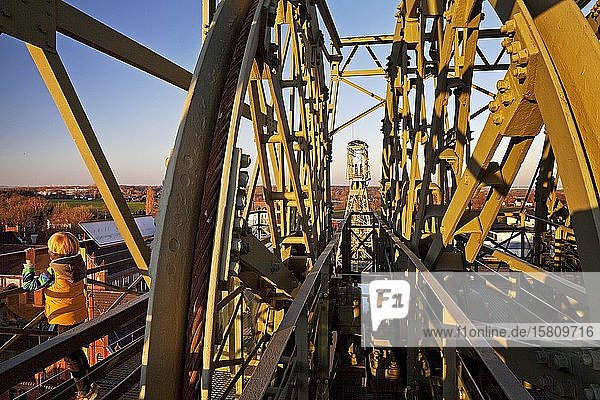 View from the winding tower of Shaft II to the winding tower of Schacht IV  Zollern Colliery II/IV  Dortmund  Ruhr Area  North Rhine-Westphalia  Germany  Europe