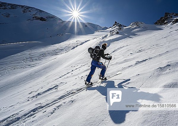 Ski tourers in steep terrain  ascent to the Geierspitze  Wattentaler Lizum  Tuxer Alps  Tyrol  Austria  Europe