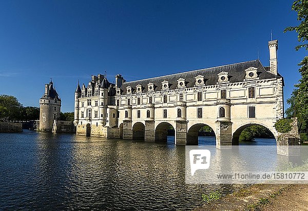 Schloss Chenonceau überspannt den Fluss Cher Loiretal Departement Indre-et-Loire Centre-Val de Loire Frankreich Europa