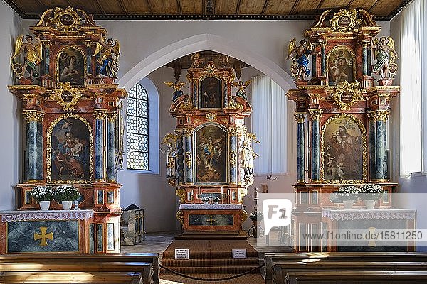 Altars in the castle church St. Michael near Schöllang near Oberstdorf Oberallgäu Allgäu Swabia Bavaria Germany Europe