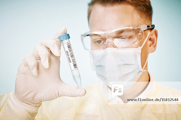Junger Laborant blickt auf Reagenzglas mit Cornoravirus Probe