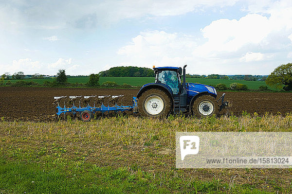 A tractor harrowing  ploughing in the stubble in a field.
