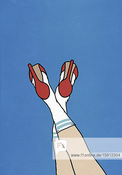 Legs of man wearing high heels with athletic socks