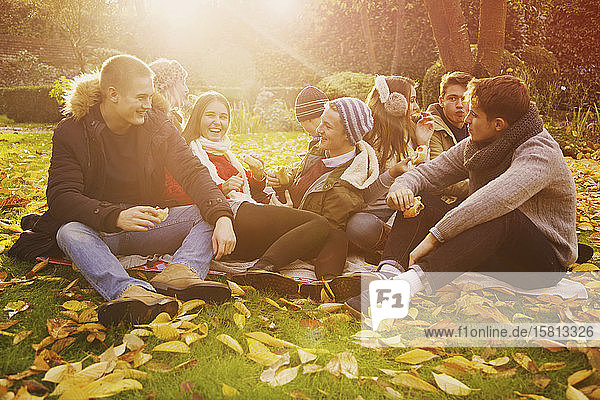 Freunde hängen ab und genießen ein Picknick im sonnigen Herbstpark