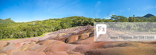 Panoramic of The Seven Colored Earth Geopark volcanic geological formations Chamarel Black River Mauritius Indian Ocean Africa