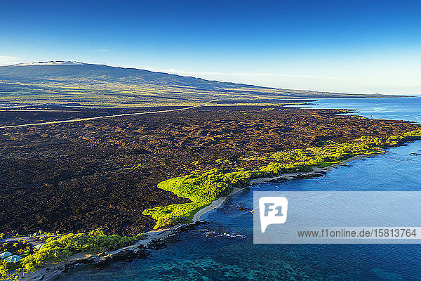 Aerial view of lava flow on west coast beach  Big Island  Hawaii  United States of America  North America