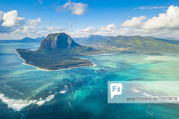 Aerial view of Le Morne Brabant and the Underwater Waterfall optical illusion and natural phenomena Mauritius Indian Ocean Africa