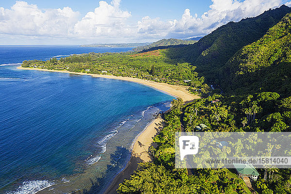 Aerial view by drone of Tunnels Beach  Haena State Park  Kauai Island  Hawaii  United States of America  North America