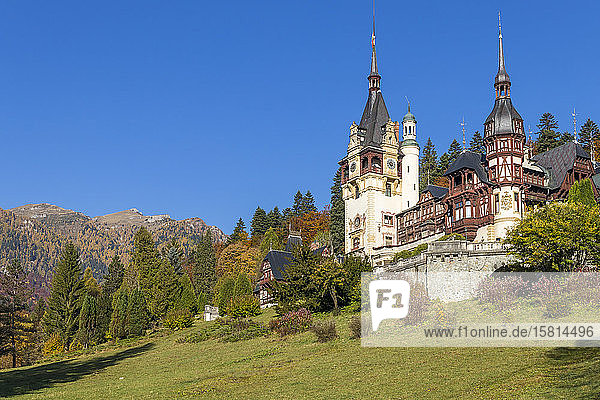 Schloss Peles im Naturpark Bucegi-Gebirge im Herbst  Sinaia  Rumänien  Europa