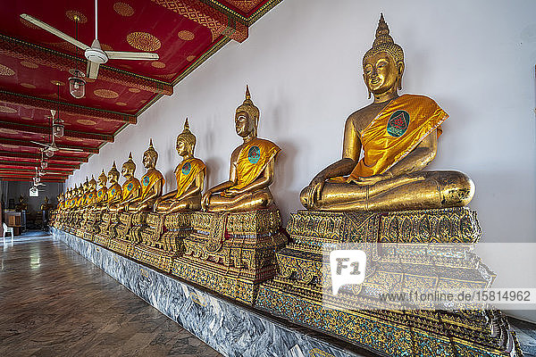 Sitzende goldene Buddha-Statuen in einer Reihe im Wat Phra Chetuphon (Wat Pho) Tempel  Bangkok  Thailand  Südostasien  Asien