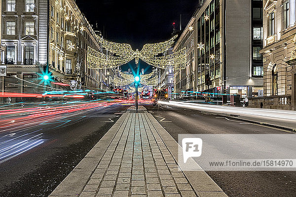 Regent Street light trails at night  London  England  United Kingdom  Europe