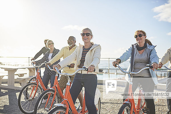 Active senior tourist friends bike riding