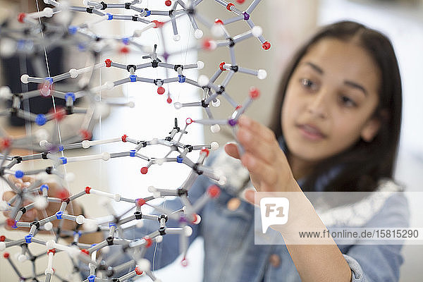 Schülerin,  die im Klassenzimmer eine Molekularstruktur untersucht und berührt