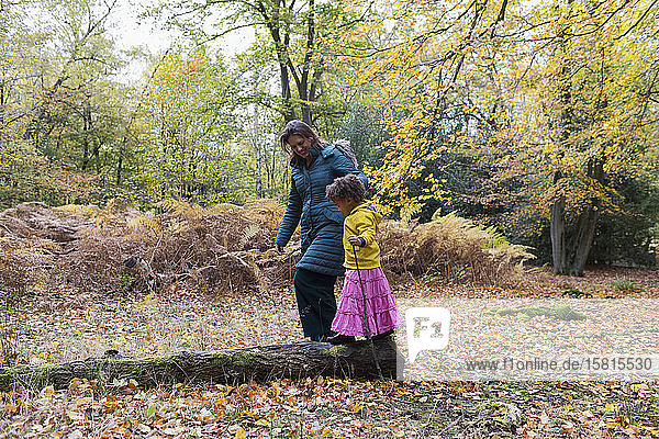 Mutter und Tochter gehen auf einem umgestürzten Baumstamm im Herbstwald spazieren