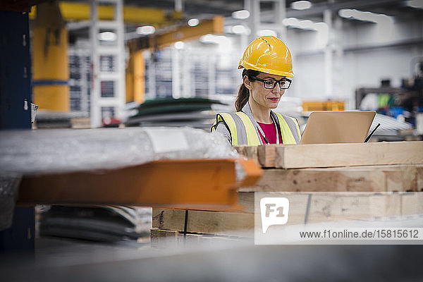 Weibliche Arbeitskraft mit Laptop in einer Fabrik