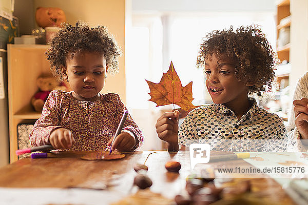 Bruder und Schwester beim Basteln mit Herbstblättern am Tisch