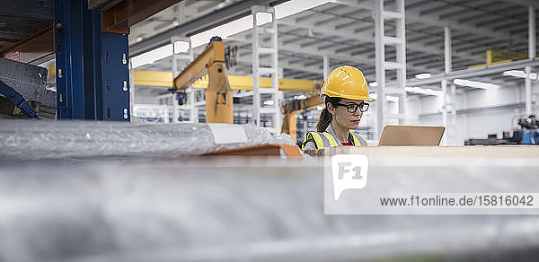 Weiblicher Vorgesetzter mit Laptop in einer Fabrik
