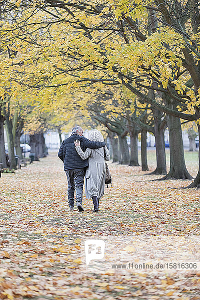 Zärtliches Paar  das sich umarmt und zwischen Bäumen und Blättern im Herbstpark spazieren geht