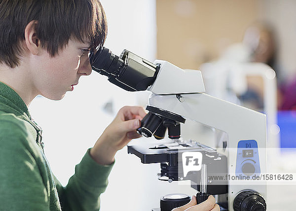 Fokussierter Junge  der ein Mikroskop im Klassenzimmer benutzt