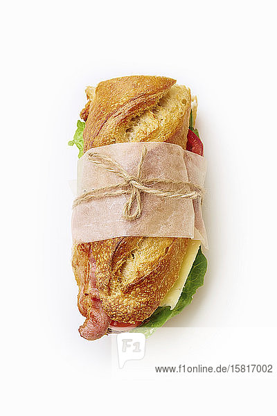 Frisches großes Baguette-Sandwich mit Speck  Käse  Senf  Salat und Gemüse