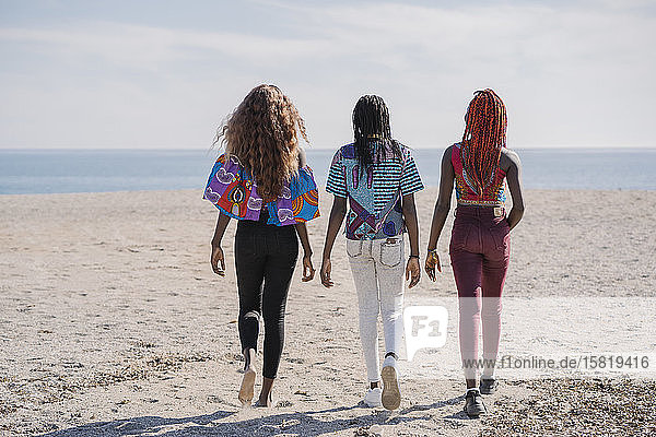 Rear view of teenage girlfriends walking on the beach
