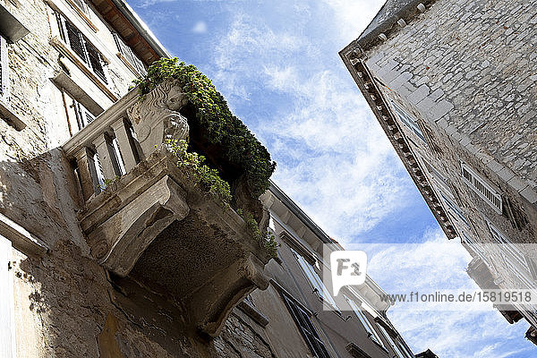 Croatia Istria Rovinj Old buildings in the city overgrown balcony view from below