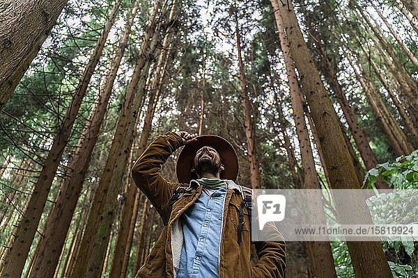 Mann steht im Wald umgeben von Bäumen Insel Sao Miguel Azoren Portugal