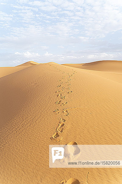 Fussspuren in Sanddünen in der Wüste Sahara Merzouga Marokko