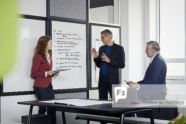 Two businessmen and businesswoman working together on a project in office