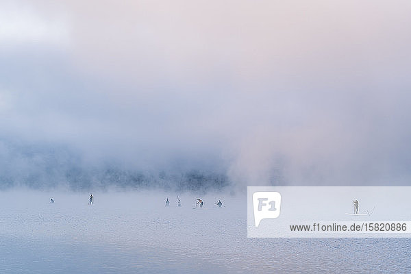 Gruppe von Menschen steht auf Paddel-Surfen auf einem See im Nebel