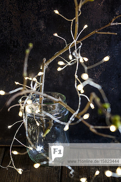 Glasbehälter und mit Lichterketten verzierte Zweige