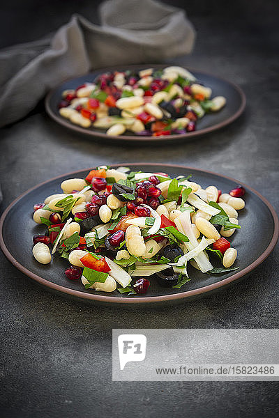 Zwei Teller Cannellini-Bohnensalat mit Fenchel Paprika schwarzen Oliven Granatapfelkernen Minze und Petersilie