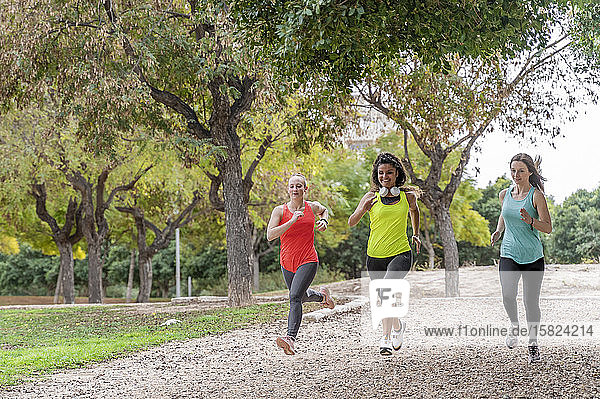 Drei sportliche junge Frauen laufen in einem Park