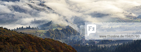 Ukraine  Zakarpattia region  Carpathians  Borzhava  Foggy hills ofÂ Carpathian MountainsÂ at sunrise