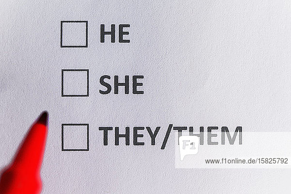 Stiftmarkierung auf der Checkliste für Personalpronomen und nicht-binäres GeschlechtÂ