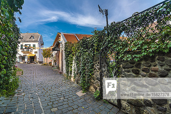 Historische Passage der Stadt Szentendre mit Geschäften und blauem Himmel