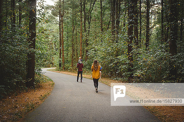 Rückansicht einer Familie  die im Herbst durch einen gewundenen Waldweg läuft
