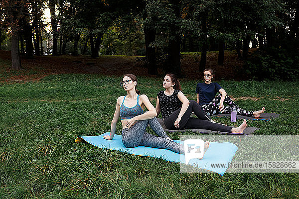 Die entspannten Mädchen machen Yoga im Park auf Teppich