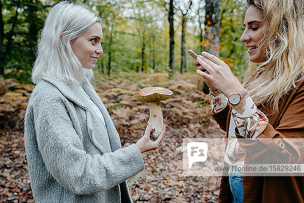 Zwei junge Frauen beim Schnappschuss eines Pilzes im Wald