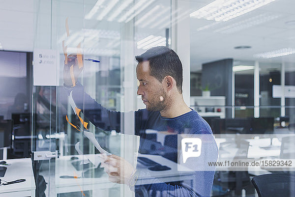 Mature businessman writing on sticky notes at glass pane in office