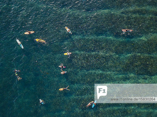 Aerial view of surfers in the ocean
