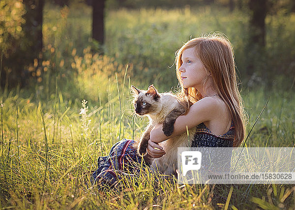 Junges Mädchen mit Kätzchen auf der Wiese